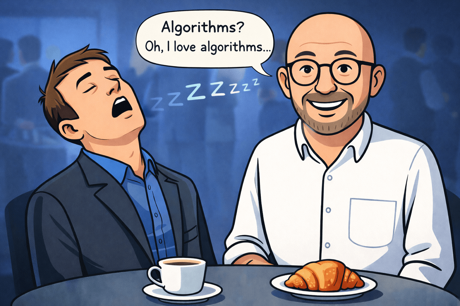 Michael explaining search algorithms at a Bedford networking event while an attendee nods off, with coffee and a pastry on the table.